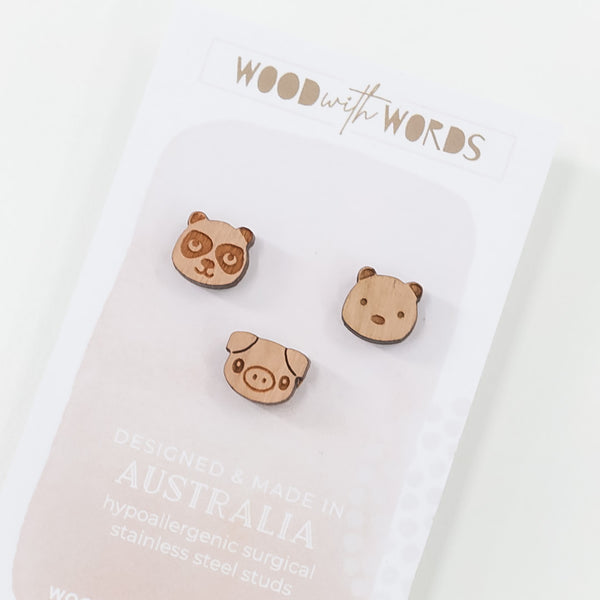 Pig Panda Bear Trio Stud Earring Set