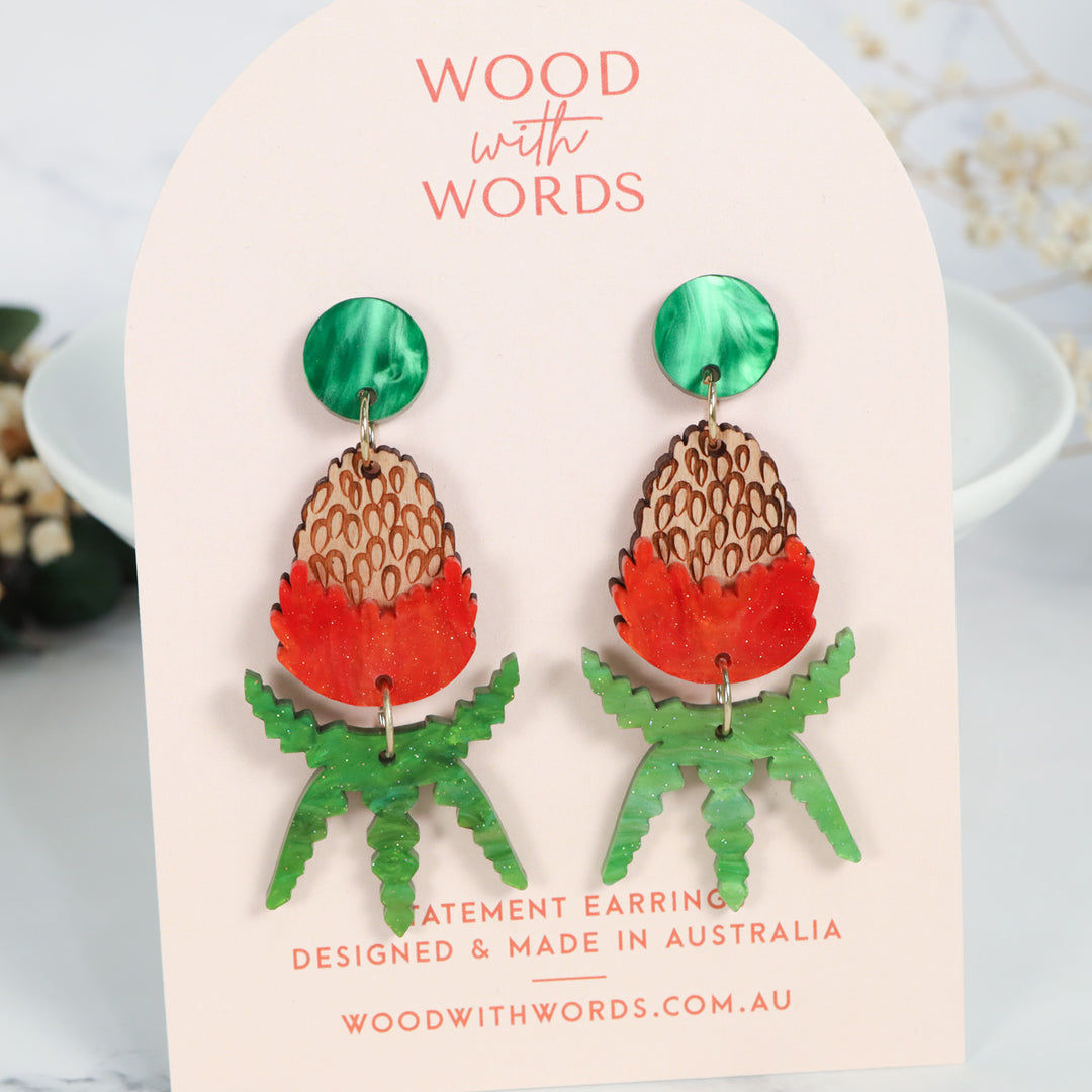 Red Banksia Dangle Earrings