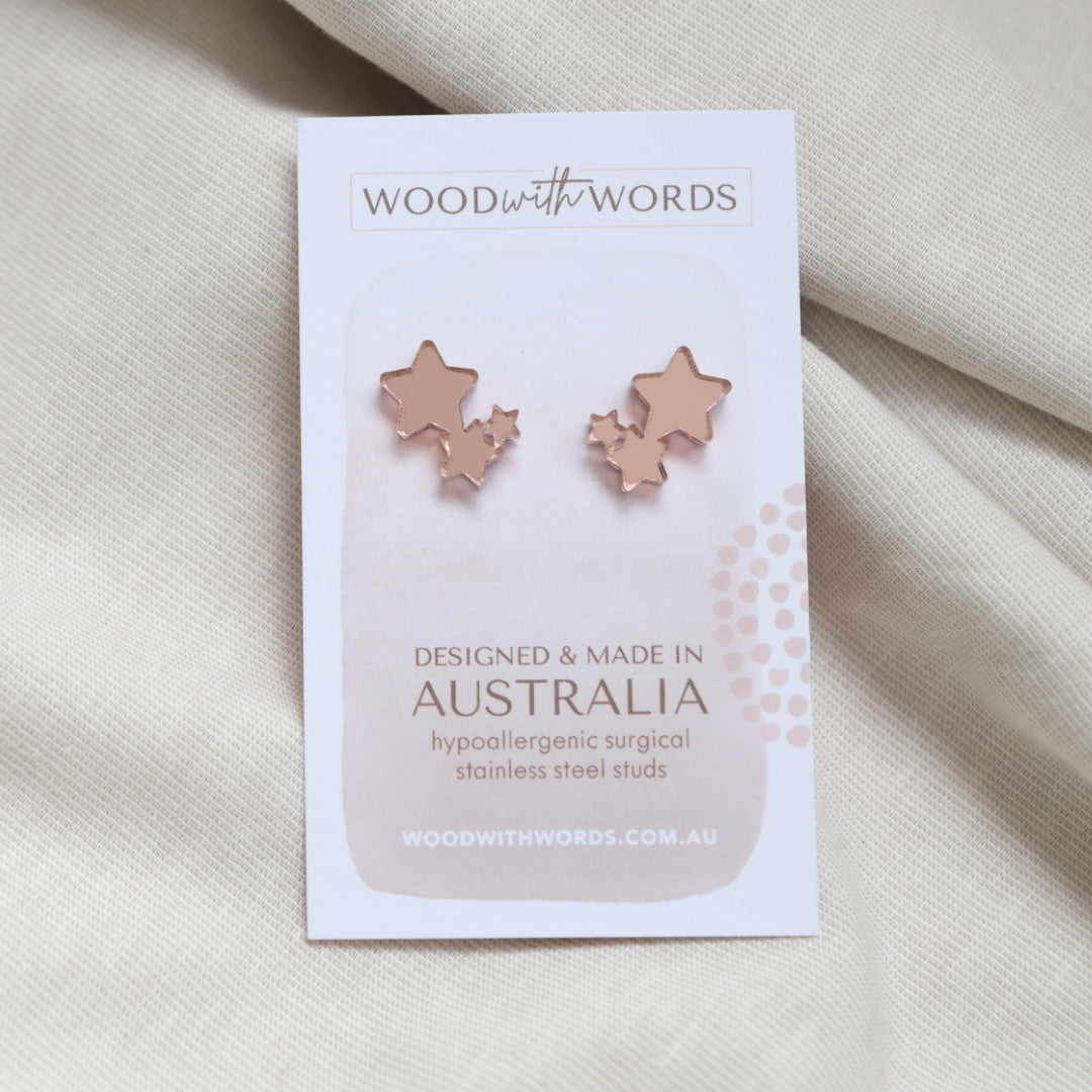 Rose Gold Star Trio Acrylic Stud Earrings - Wood With Words, Made in Australia