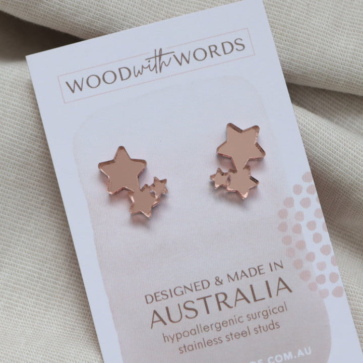 Rose Gold Star Trio Acrylic Stud Earrings - Wood With Words, Made in Australia