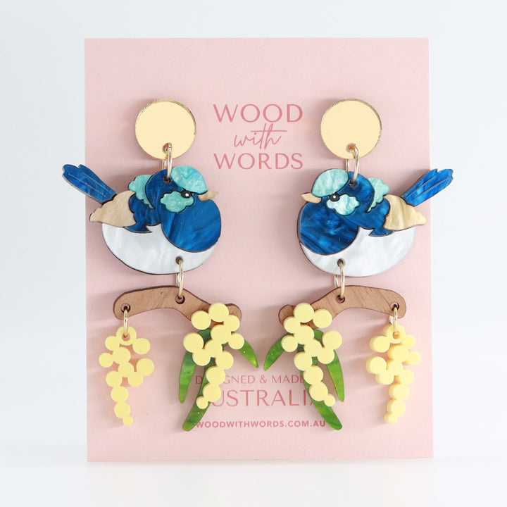 Fairy Wren Wattle Branch Dangle Earrings