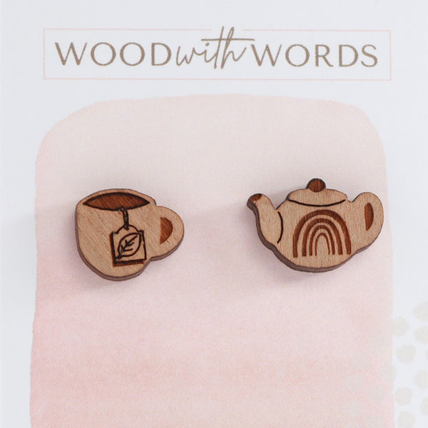 Tea Pot Tea Cup Wooden Stud Earrings