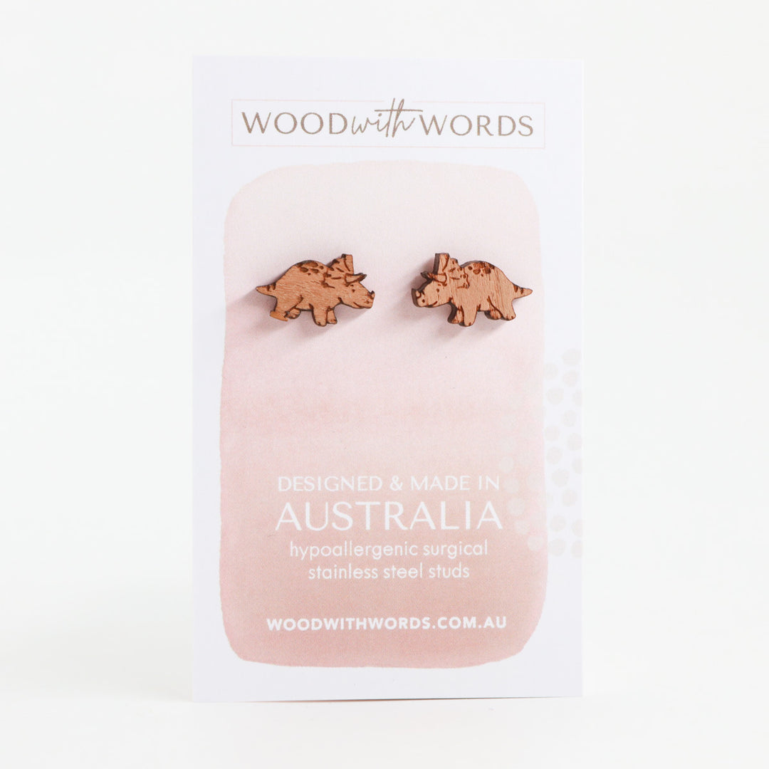 Triceratops Dinosaur Wooden Stud Earrings