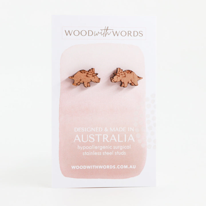 Triceratops Dinosaur Wooden Stud Earrings