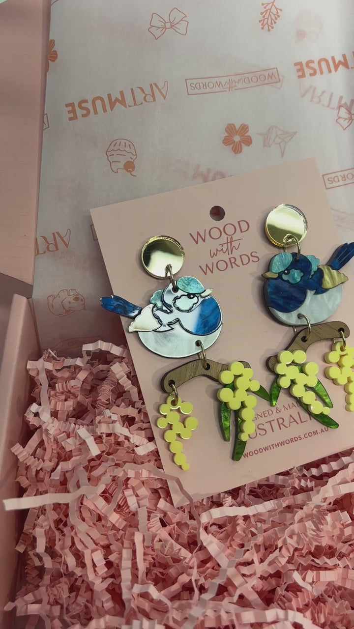 Fairy Wren Wattle Branch Dangle Earrings