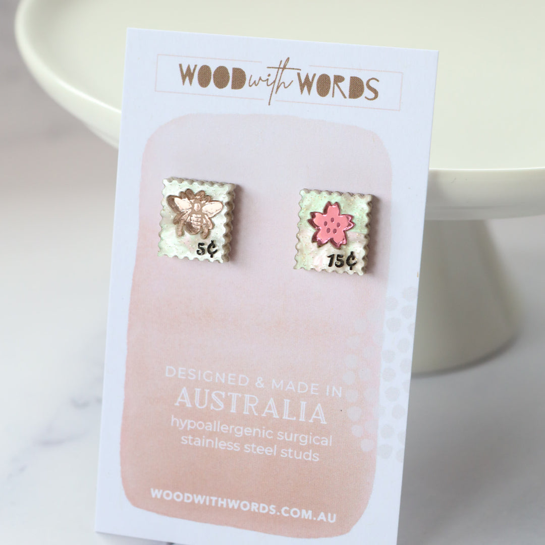 Bee and Blossom Vintage Postage Stamps Acrylic Stud Earrings