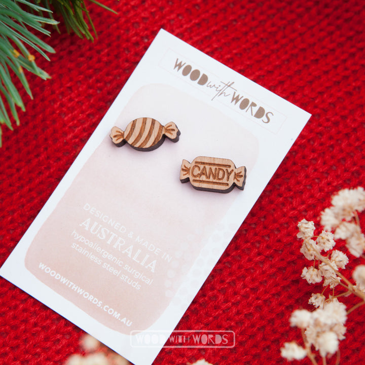 Wrapped Candy Wooden Stud Earrings