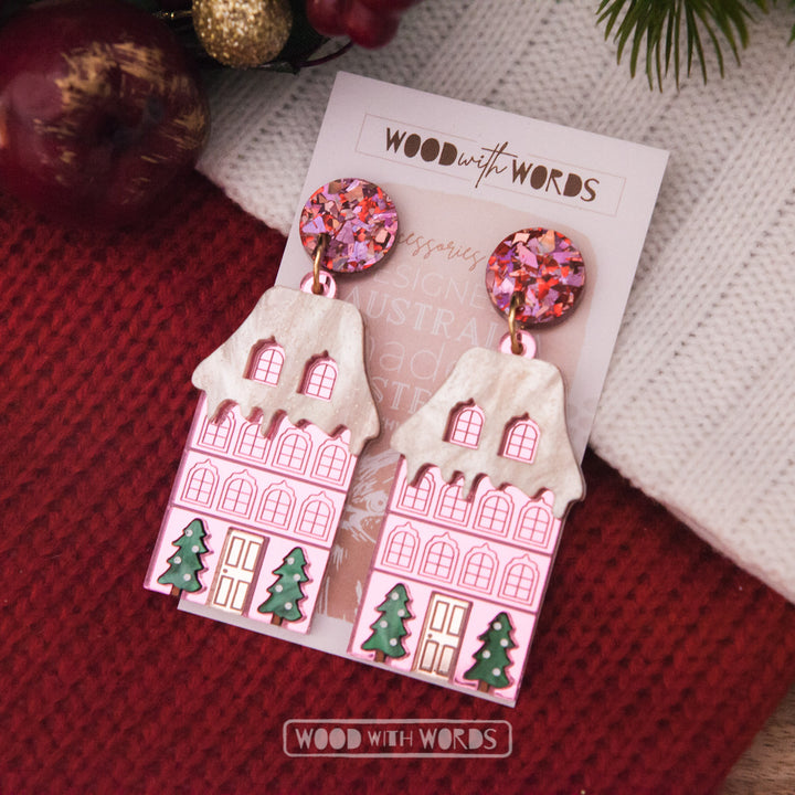 Christmas Pink House Acrylic Dangle Earrings