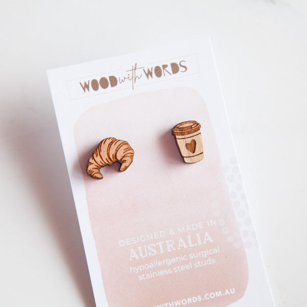 Coffee Croissant Wooden Stud Earrings