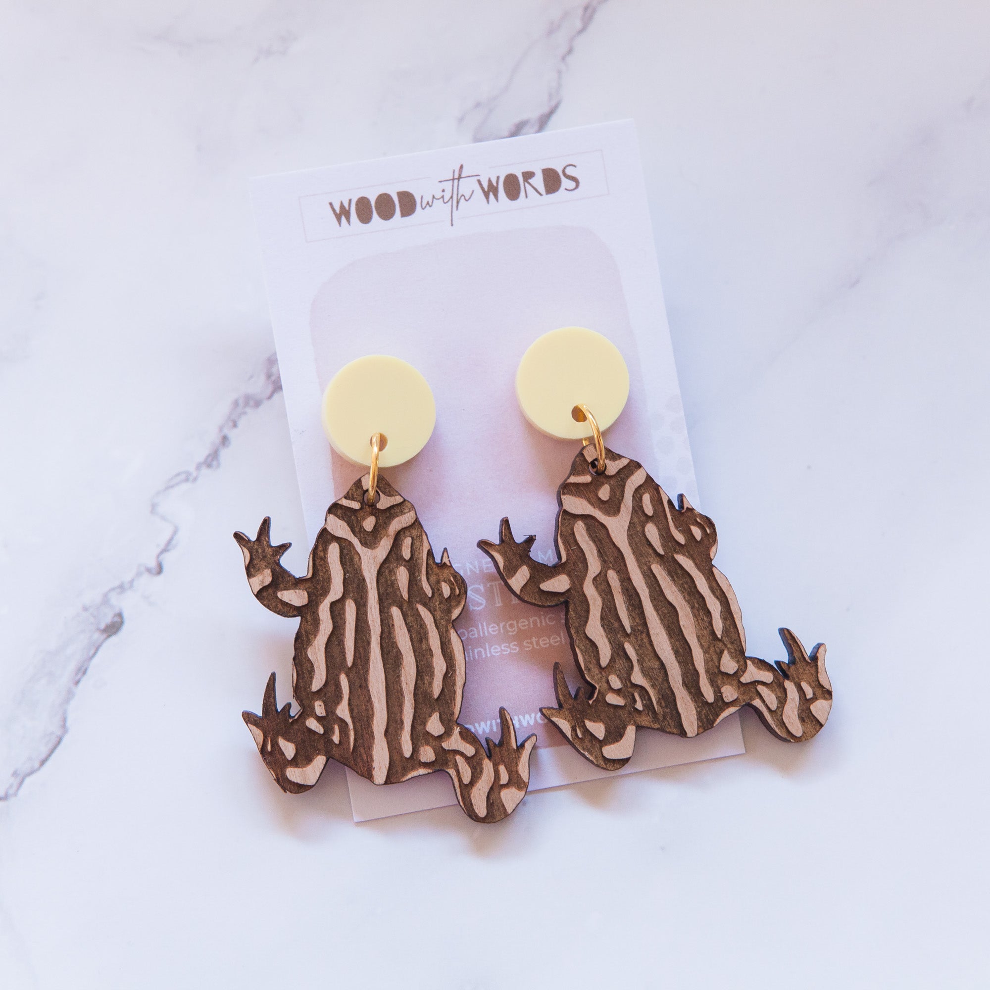 Corroboree Frog Stud Dangle Earrings Wood With Words