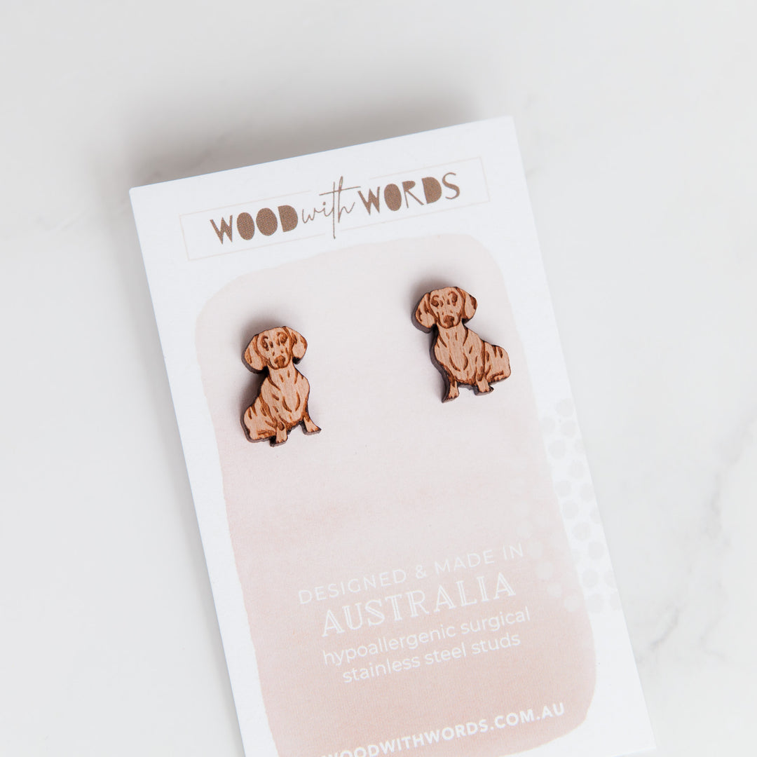 Dachshund Sausage Dog Wooden Stud Earrings - Wood With Words