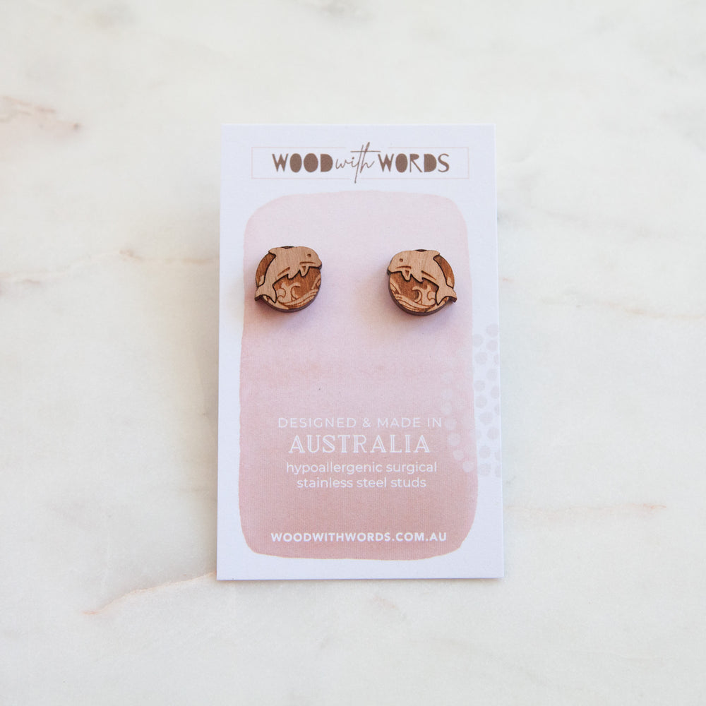 Dolphin Wooden Stud Earrings - Wood With Words