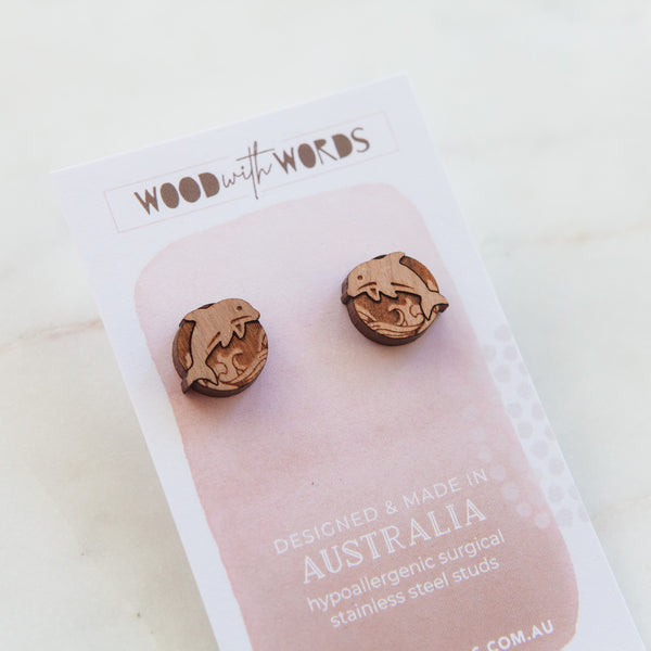 Dolphin Wooden Stud Earrings - Wood With Words