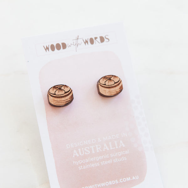 Dumplings Yumcha Wooden Stud Earrings - Wood With Words