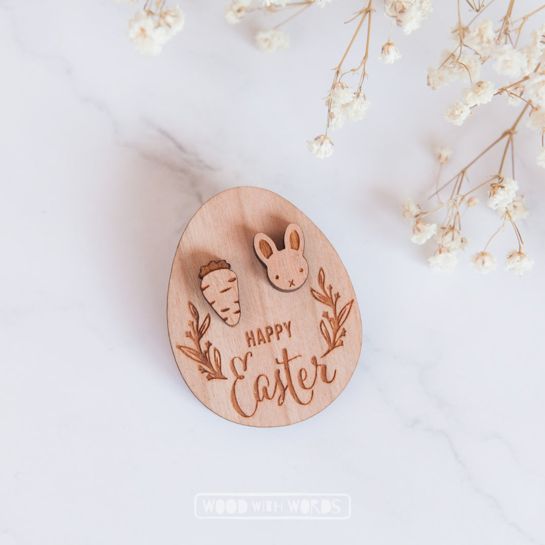 Rabbit and Carrot Wooden Stud Earrings