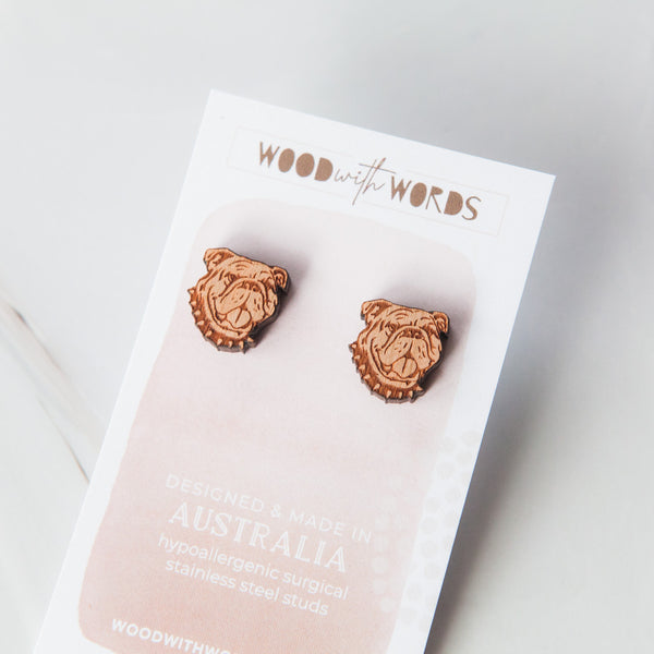 English Bulldog Wooden Stud Earrings