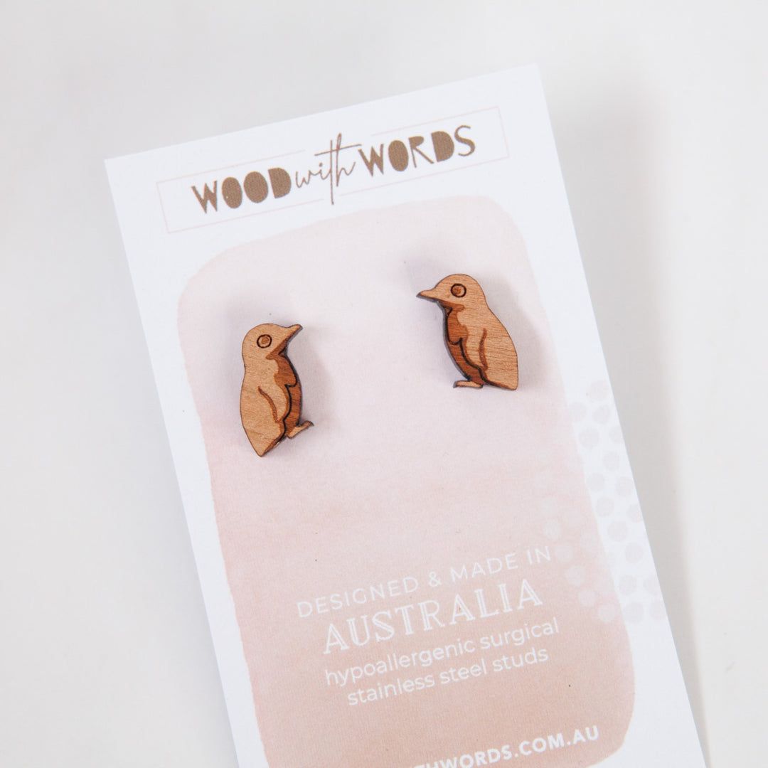 Fairy Penguin Wooden Stud Earrings