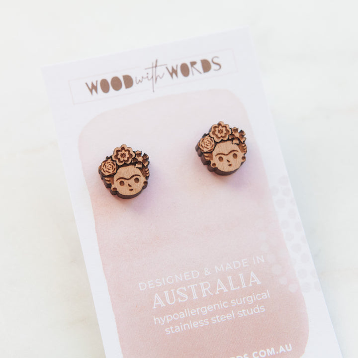 Frida Wooden Stud Earrings - Wood With Words