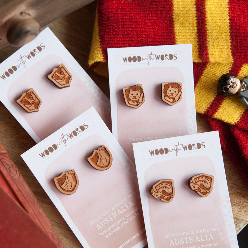 Hogwarts Coat of Arms Wooden Stud Earrings