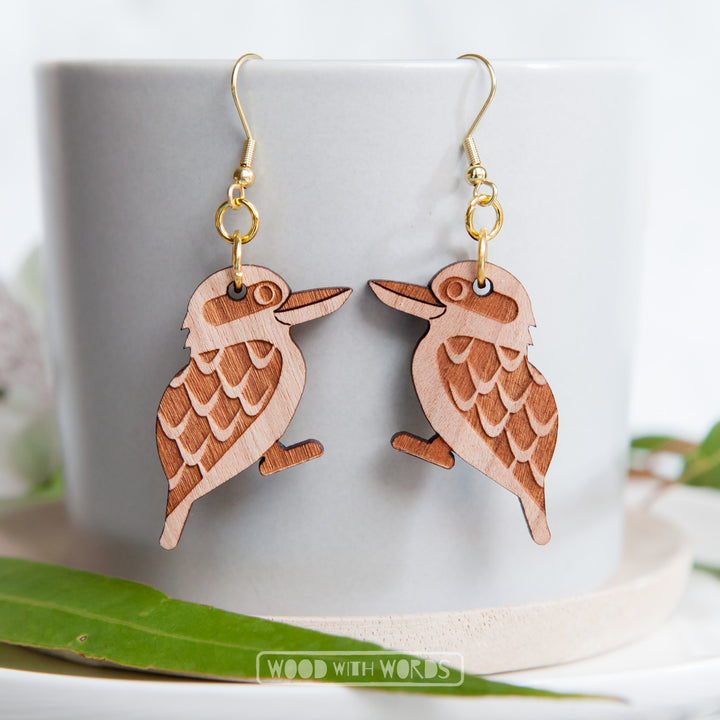 Kookaburra Wooden Dangle Earrings - Wood With Words
