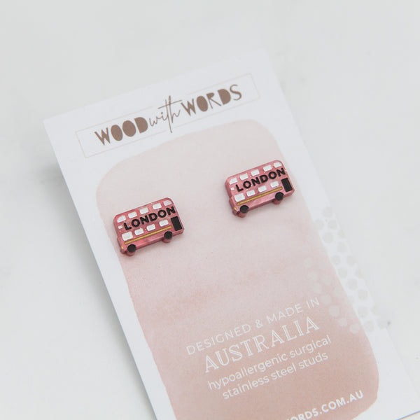 London Double Decker Bus Stud Earrings - Wood With Words