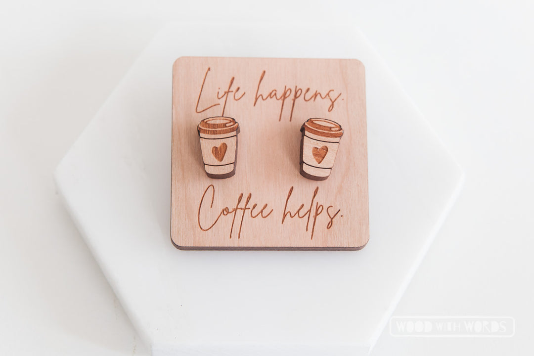 Coffee Cup Wooden Stud Earrings - Wood With Words