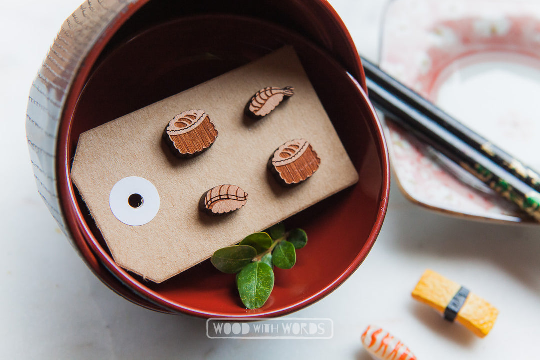 Sushi Maki Wooden Stud Earrings - Wood With Words