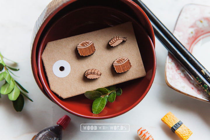 Sushi Maki Wooden Stud Earrings - Wood With Words