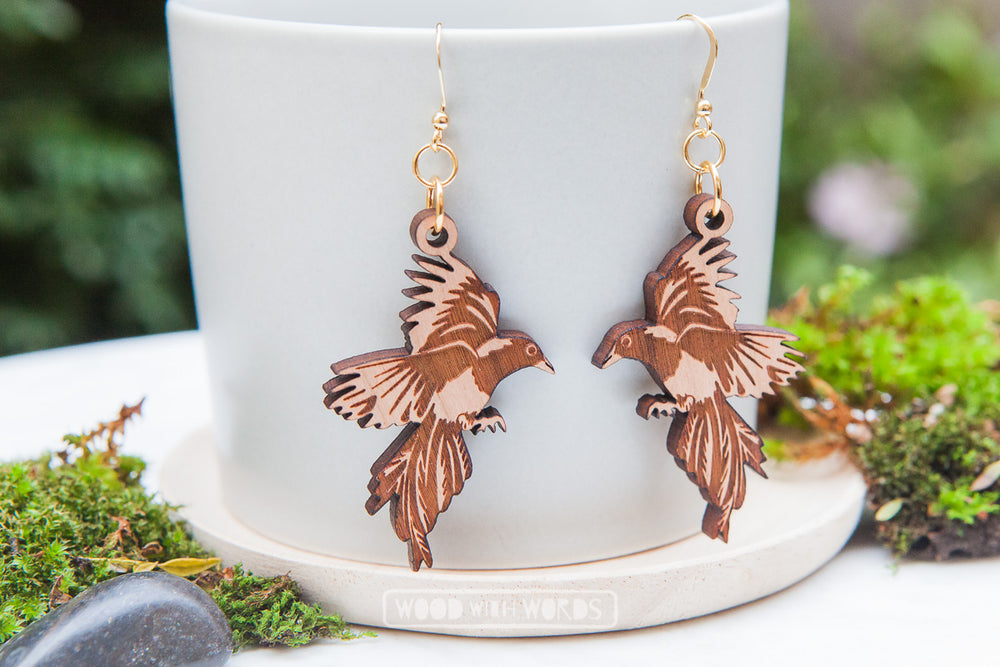 Magpie Dangle Earrings - Wood With Words