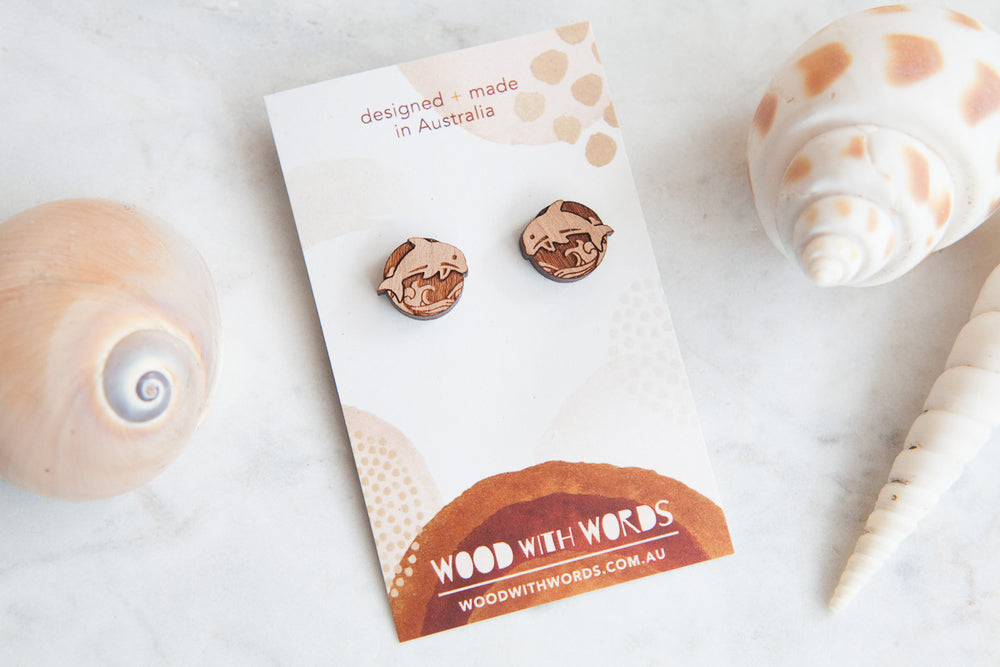 Dolphin Wooden Stud Earrings - Wood With Words
