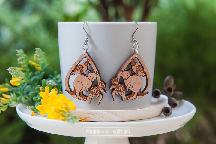 Kangaroo Galah Dangle Earrings - Wood With Words