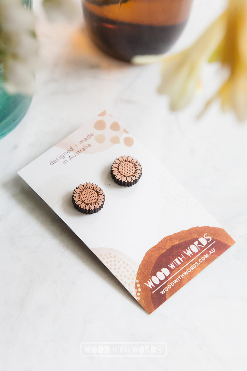 Sunflower Wooden Stud Earrings - Wood With Words