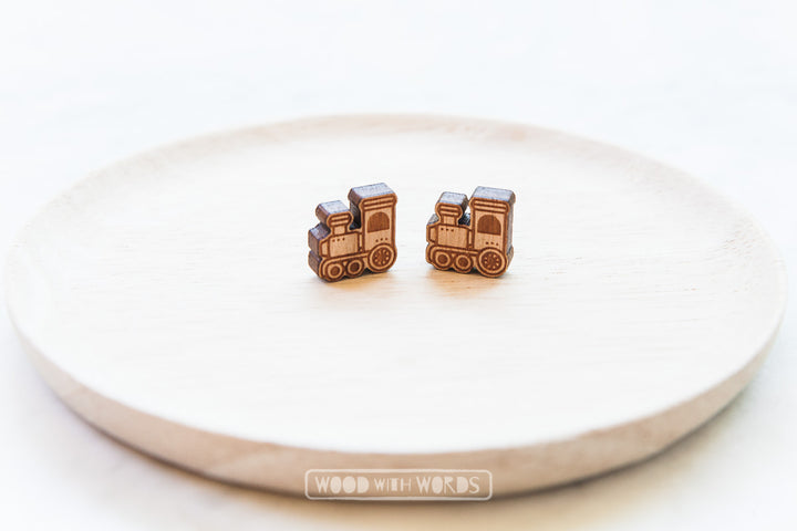 Steam Train Wooden Stud Earrings - Wood With Words