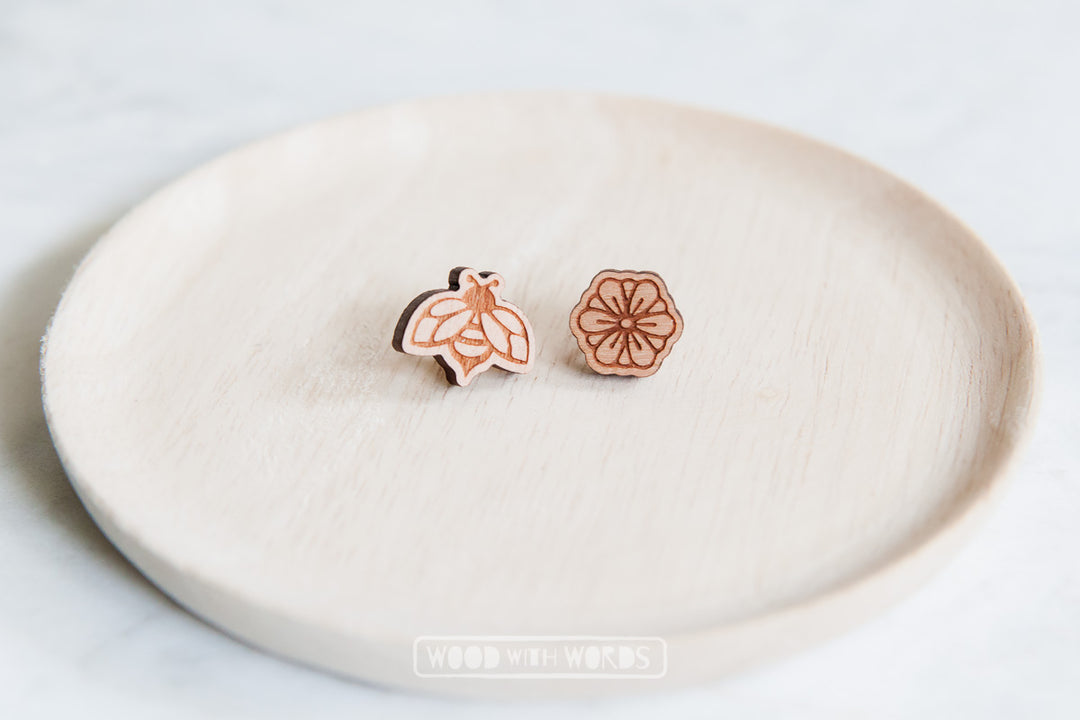 Bee and Blossom Wooden Stud Earrings - Wood With Words