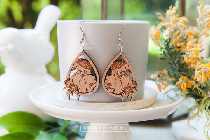 Wombat Echidna Dangle Earrings - Wood With Words