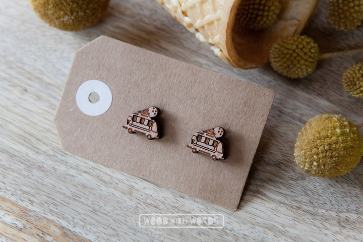 Ice Cream Truck Wooden Stud Earrings - Wood With Words