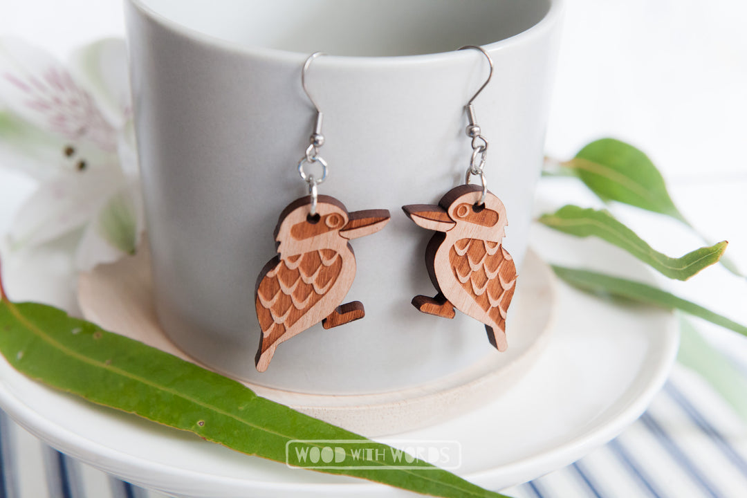 Kookaburra Dangle Earrings by Wood With Words - Silver Hooks