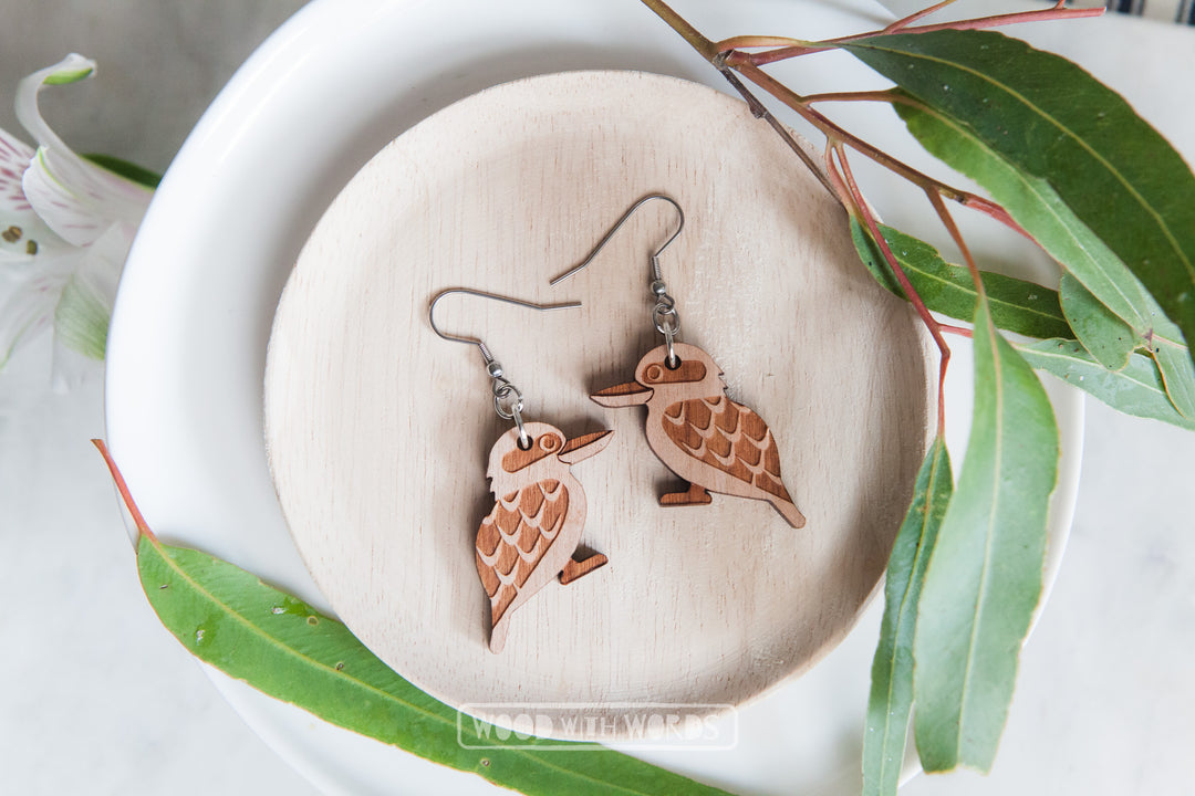 Kookaburra Wooden Dangle Earrings - Silver Hooks