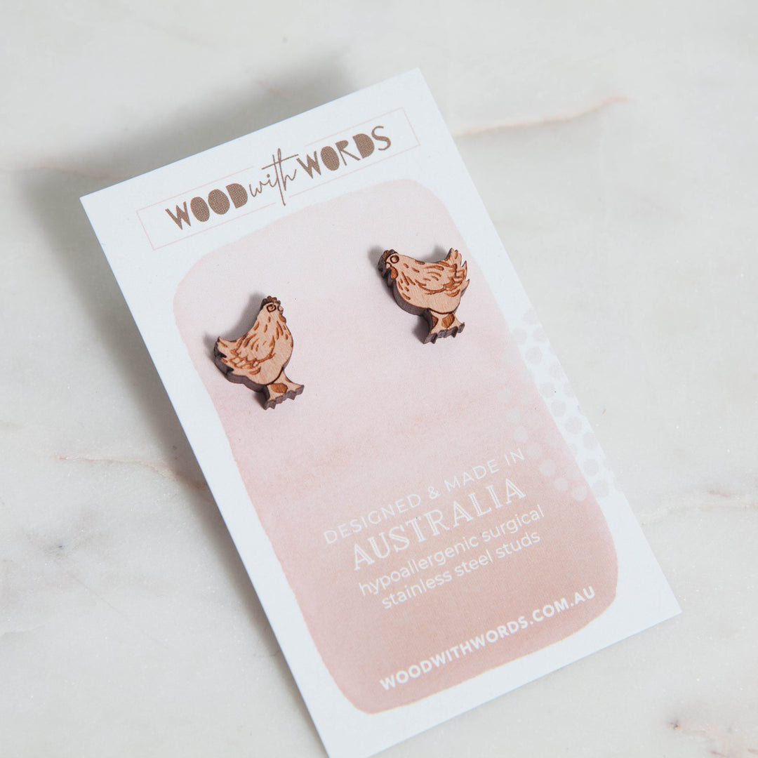 Chicken Wooden Stud Earrings - Wood With Words