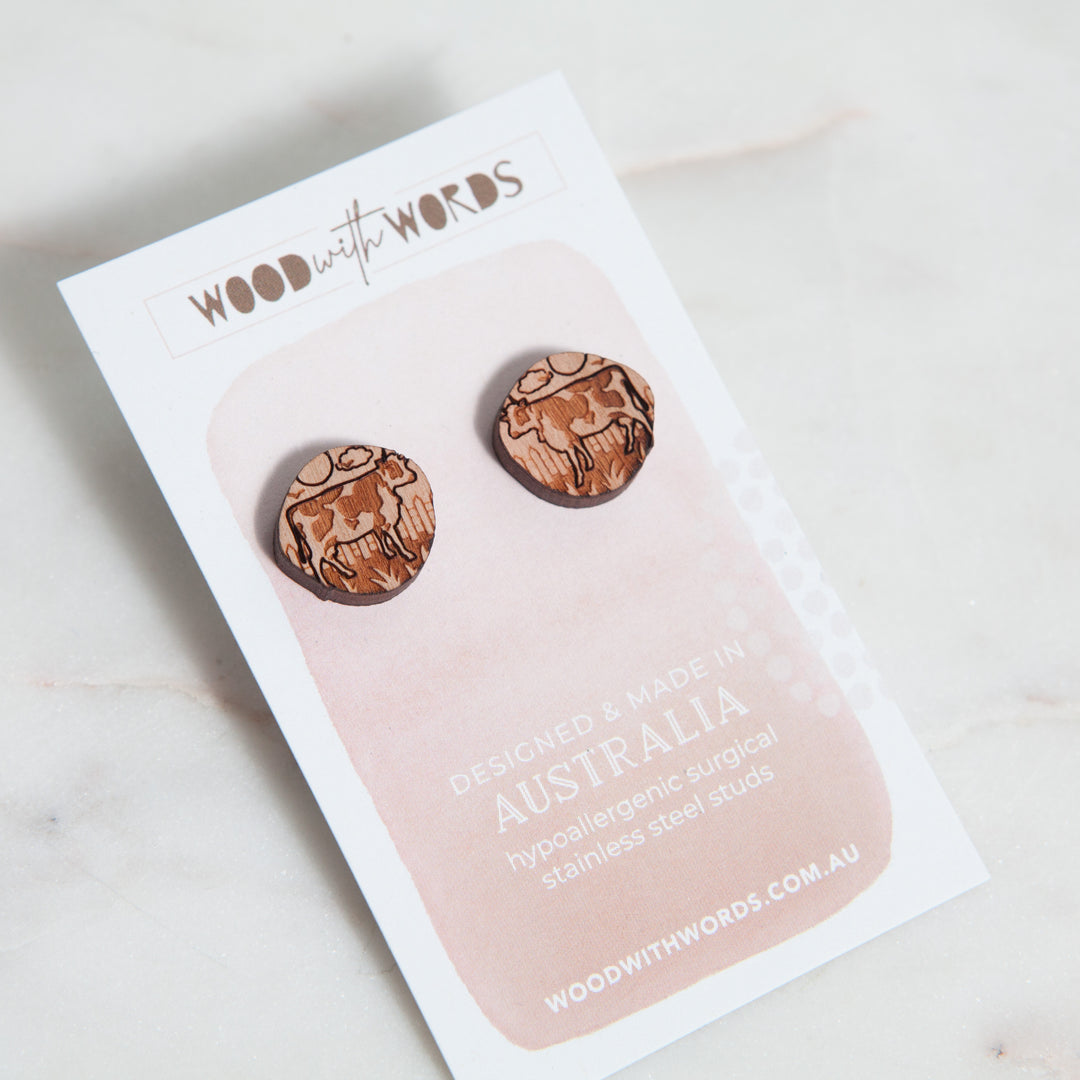 Cow Wooden Stud Earrings - Wood With Words