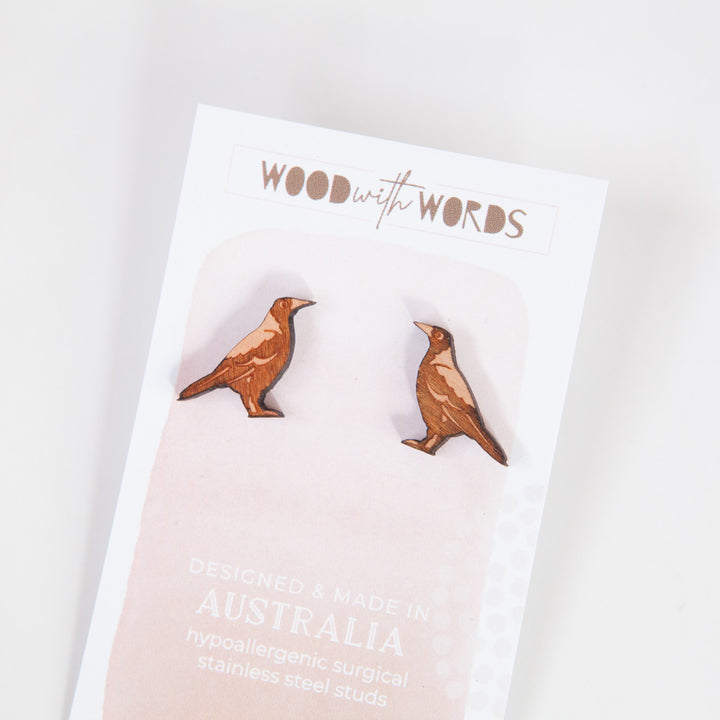 Magpie Wooden Stud Earrings