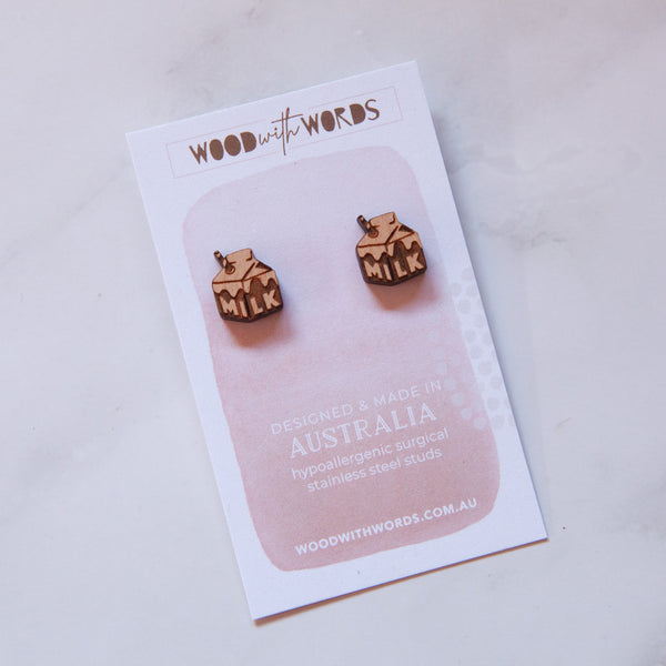 Milk Carton Wooden Stud Earrings
