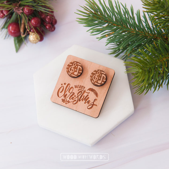 Music Note Wooden Stud Earring with Message Tag