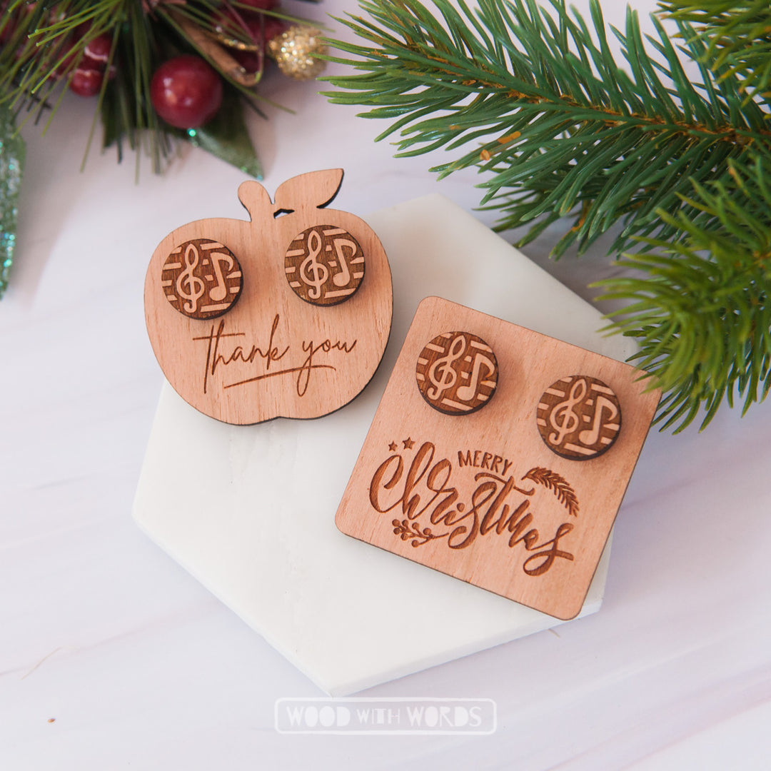 Music Note Wooden Stud Earring with Message Tag