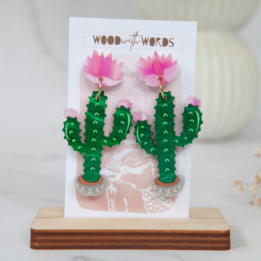 Pink Flower Cactus Dangle Earrings