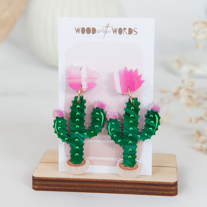Pink Flower Cactus Dangle Earrings