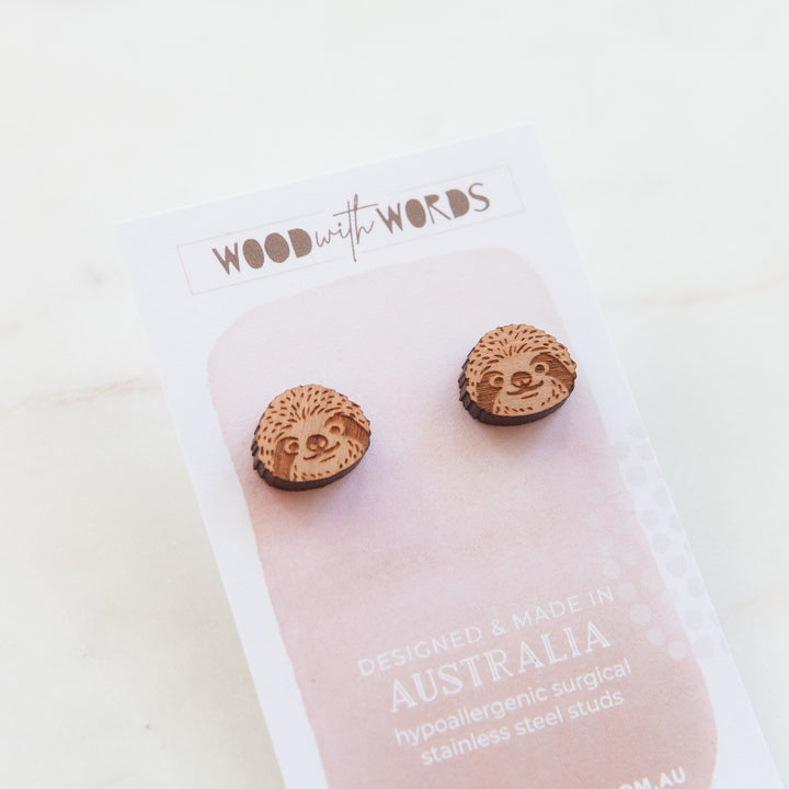 Sloth Wooden Stud Earrings - Wood With Words