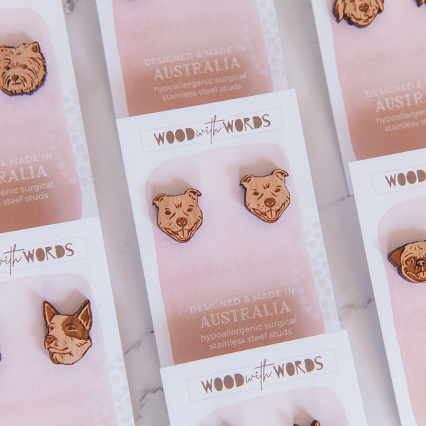 Staffie Wooden Stud Earrings