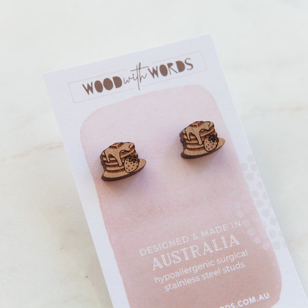 Brunch Strawberry Pancake Stack Wooden Stud Earrings - Wood With Words