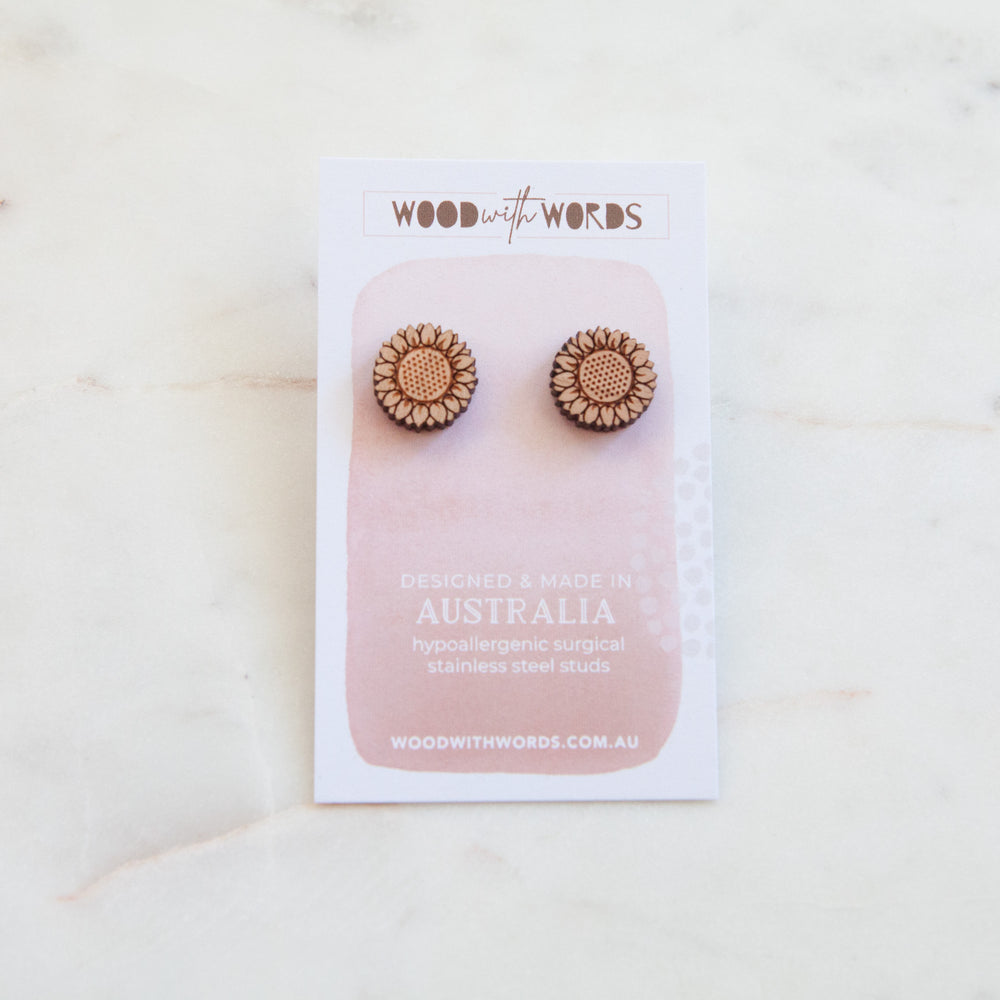 Sunflower Wooden Stud Earrings - Wood With Words